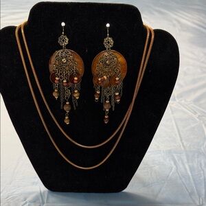 Elegant Gold and Brown Chandelier Earrings and Necklace Set gently tarnished